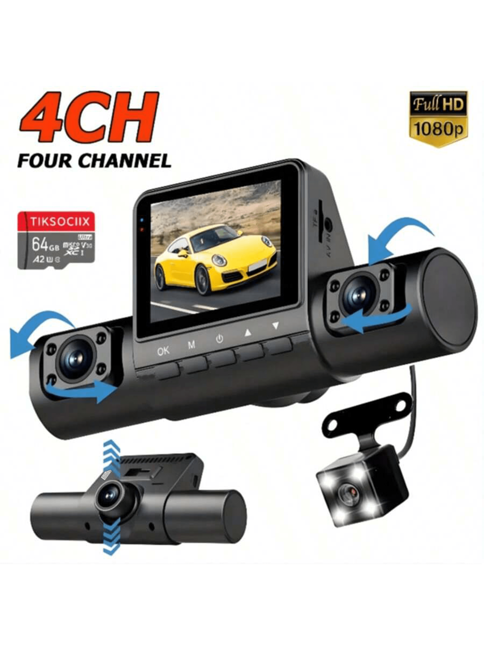 Cameră pentru vehicul cu 4 canale Înregistrare camera de bord pentru mașină 1080P cu 1080P față și 720P stânga/dreapta spate Înregistrare în buclă de vedere de noapte Monitor de parcare 24 de ore